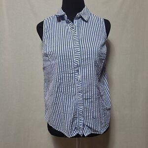 Elle Sleeveless Button Up Top Womens Size Small Blue White Stripe Ruffle